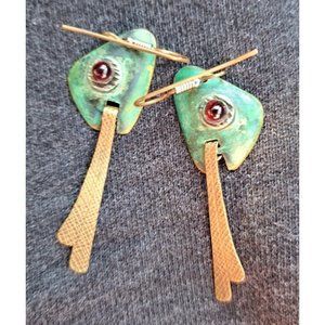 RARE Vintage Modernist Geometric Green Patina Brass Artisan Handmade Drop Dangle